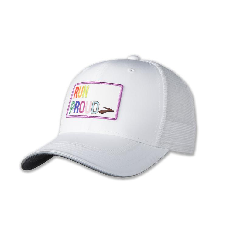 Brooks Discovery Trucker - Mens Running Hat - White/Run Proud (50614TZVQ)